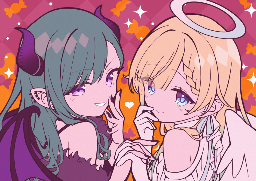 2girls aizawa_ema alternate_costume angel_wings bare_shoulders black_nails blonde_hair blue_eyes blue_hair blunt_bangs braid braided_bangs breasts closed_mouth demon_girl demon_wings ear_piercing earrings fingernails gloves gradient_hair green_hair grin hair_flaps halo hand_on_own_face haremoto highres interlocked_fingers jewelry light_blush long_hair looking_at_viewer multicolored_hair multiple_girls nail_polish parted_bangs piercing purple_eyes smile swept_bangs twitter_username virtual_youtuber vspo! white_gloves white_halo wings yakumo_beni