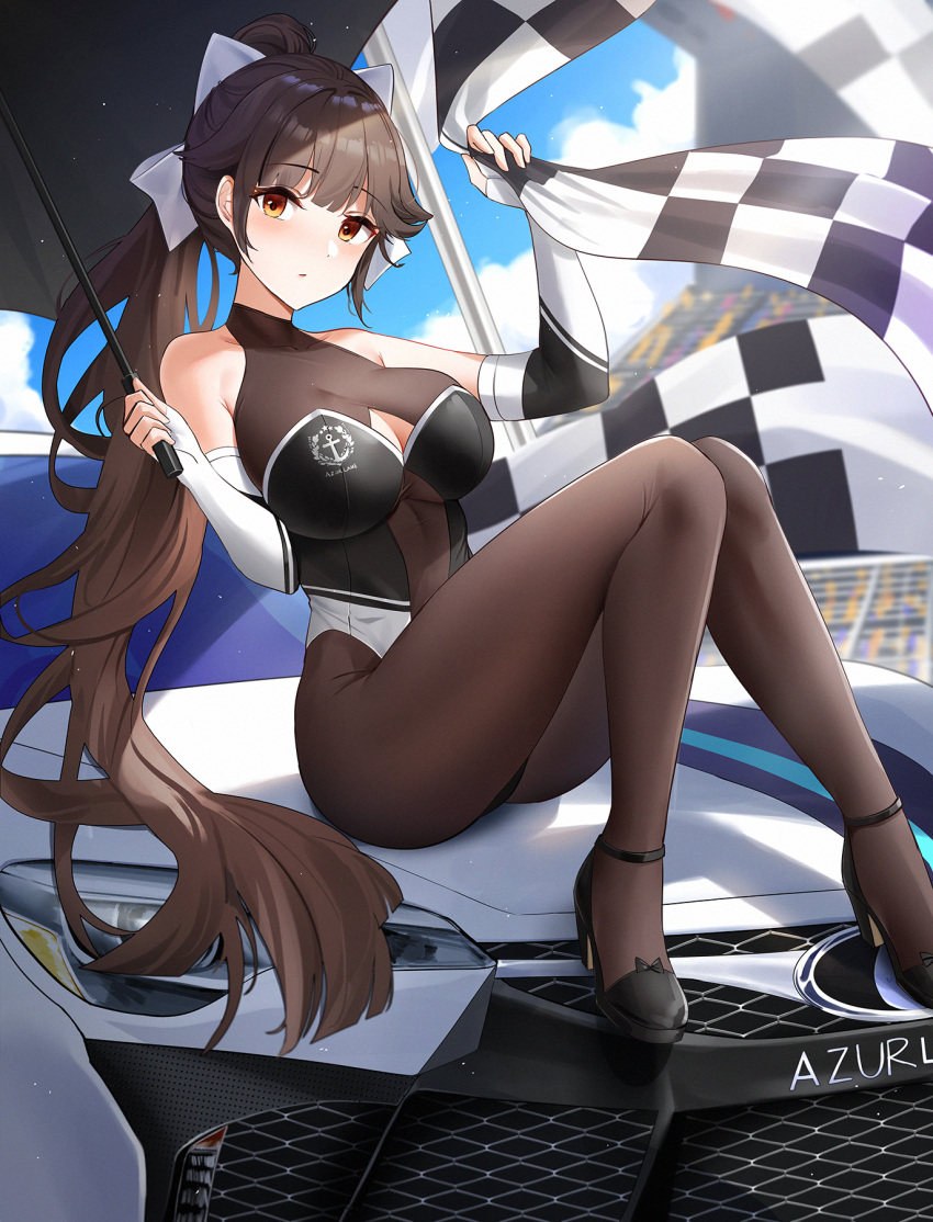 1girl :/ azur_lane bare_shoulders black_gloves black_hair blue_sky blush bodysuit bodysuit_under_clothes bow breasts brown_bodysuit brown_eyes brown_hair brown_pantyhose car checkered_flag cleavage cleavage_cutout closed_mouth clothing_cutout cloud day dot_nose duplicate elbow_gloves fingerless_gloves flag full_body gloves ground_vehicle hair_bow hair_ribbon hands_up high_heels high_ponytail highres holding holding_flag holding_umbrella large_breasts legs leotard long_hair looking_at_viewer motor_vehicle official_alternate_costume pantyhose parasol ponytail qing_wu race_queen ribbon sitting sitting_on_car sky sleeveless solo takao_(azur_lane) takao_(full_throttle_charmer)_(azur_lane) turtleneck umbrella very_long_hair white_bow white_gloves white_ribbon