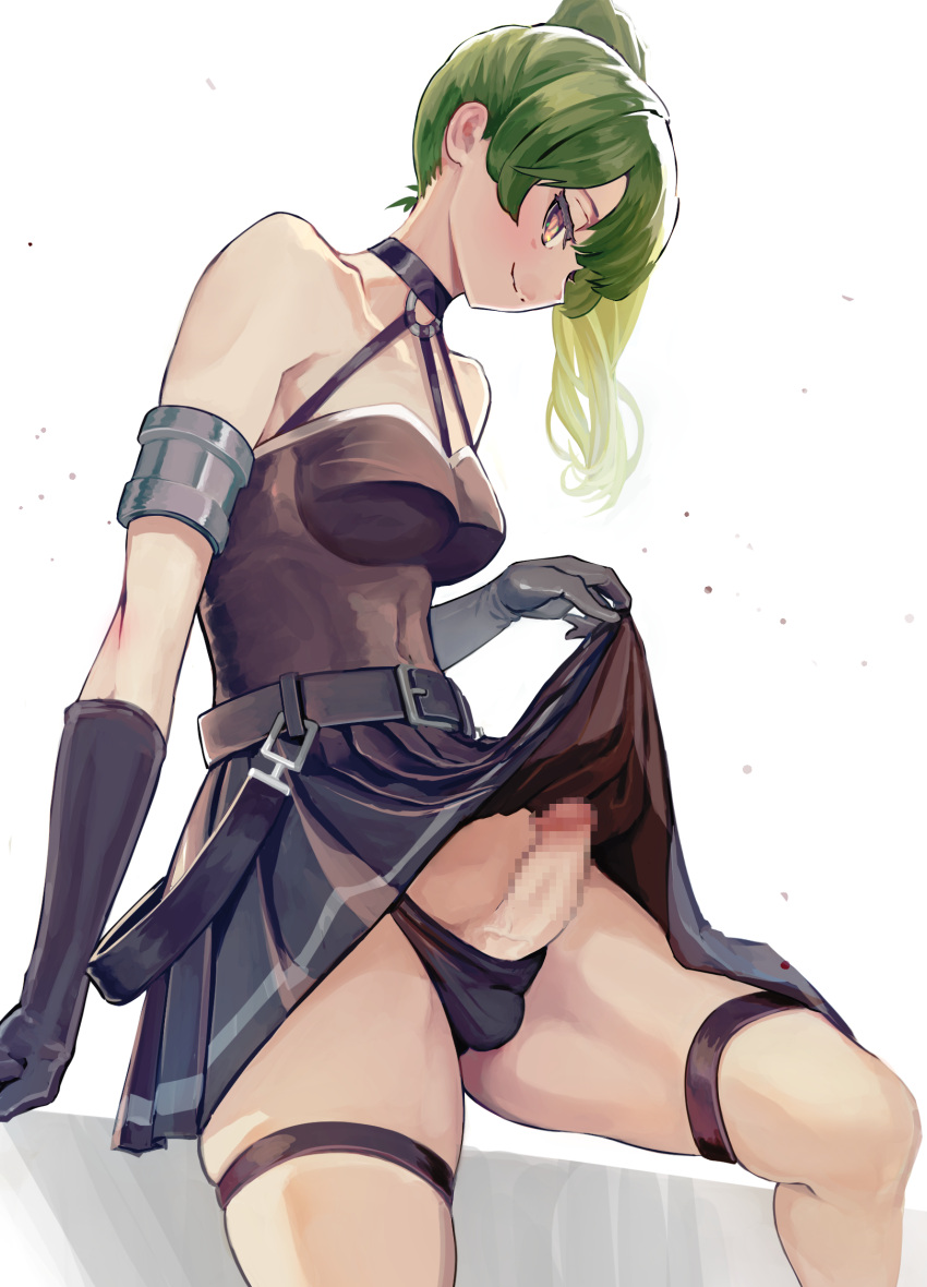 1girl arm_support armlet bare_shoulders black_choker black_gloves black_panties breasts bulge censored chest_harness choker closed_mouth clothes_lift commentary_request dress dress_lift elbow_gloves erection erection_under_clothes futanari gloves green_hair halterneck harness highres impossible_clothes impossible_dress looking_at_viewer medium_breasts medium_hair mosaic_censoring orange_eyes panties penis shiratama_(monster1553) side_ponytail sideways_glance sitting skindentation smile solo sousou_no_frieren thigh_strap ubel_(sousou_no_frieren) underwear white_background