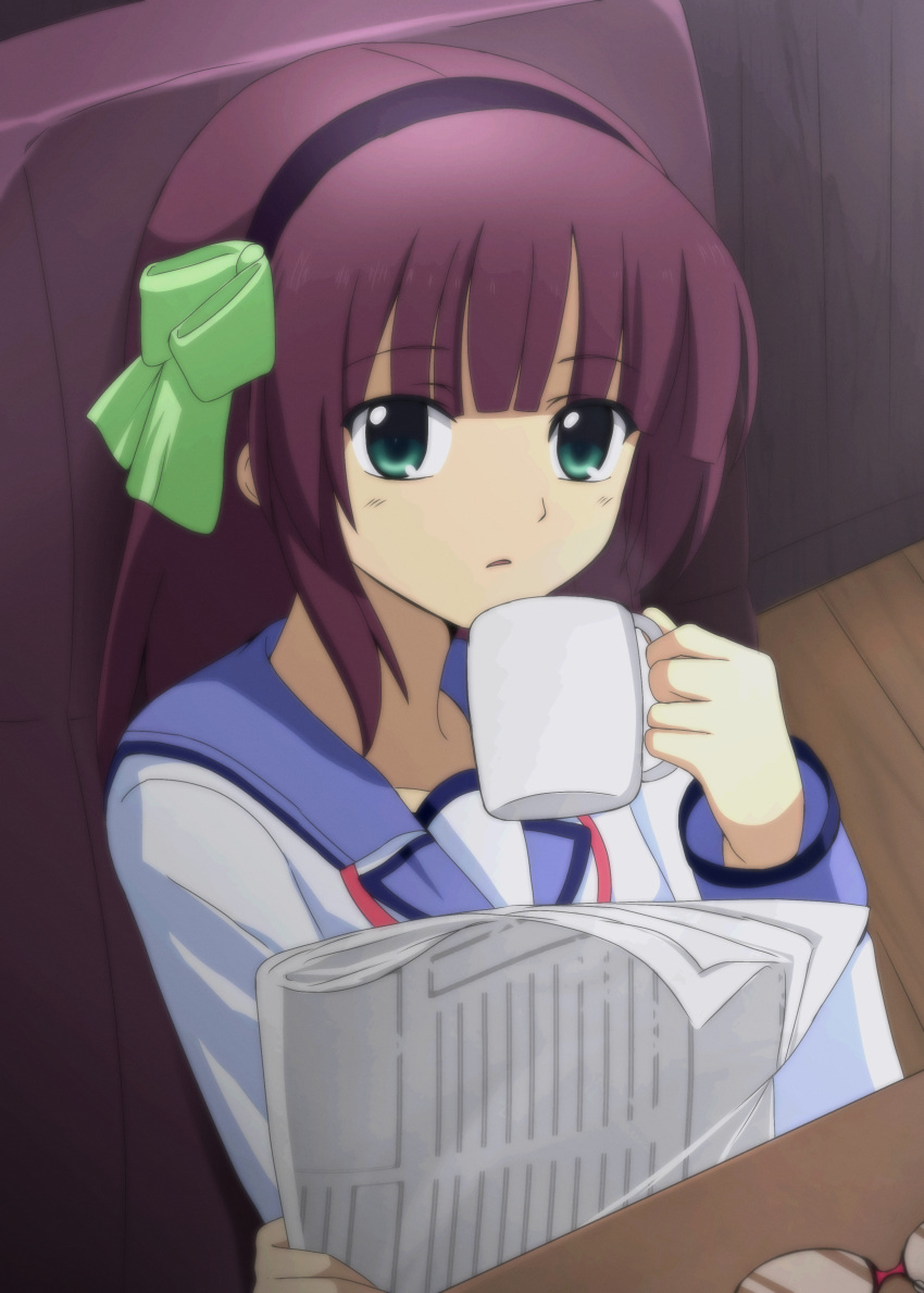 1girl absurdres angel_beats! black_hairband blue_sailor_collar blunt_bangs bow commentary_request cup eyes_visible_through_hair glasses green_bow green_eyes hair_bow hairband hand_up highres holding holding_cup holding_newspaper indoors lelie_(lelie_link) long_sleeves looking_at_viewer medium_hair mug nakamura_yuri newspaper on_chair parted_lips purple_hair sailor_collar shinda_sekai_sensen_uniform shirt sidelocks sitting solo straight_hair unworn_eyewear upper_body white_shirt