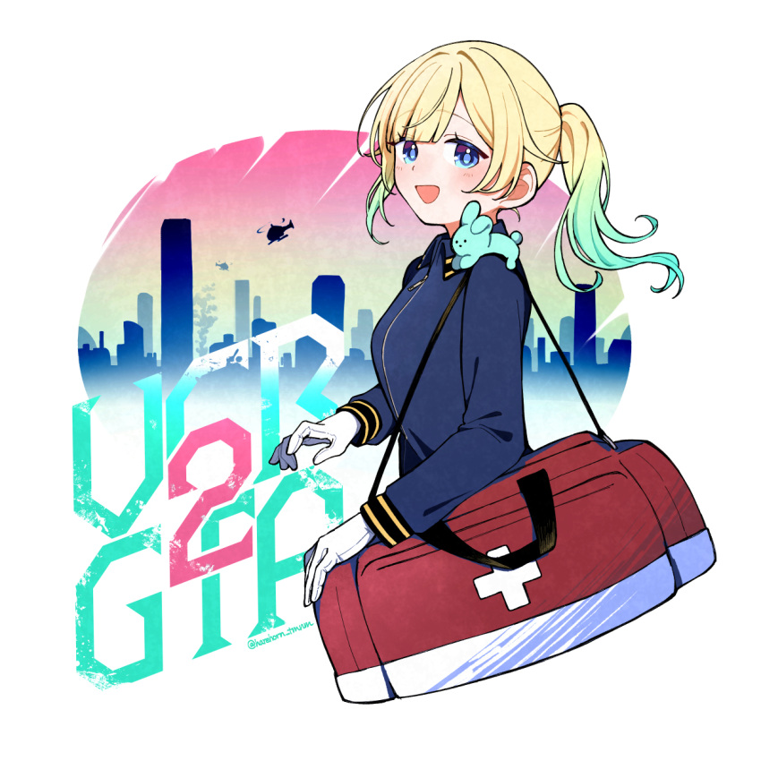 1girl aircraft aizawa_ema alternate_costume alternate_hairstyle bag blonde_hair blue_eyes blue_hair blunt_bangs breasts cityscape duffel_bag gloves gradient_hair grand_theft_auto grand_theft_auto_v hair_flaps haremoto helicopter highres light_blush long_hair looking_at_viewer multicolored_hair open_mouth paramedic ponytail smile solo sweater swept_bangs twitter_username virtual_youtuber vspo! white_gloves