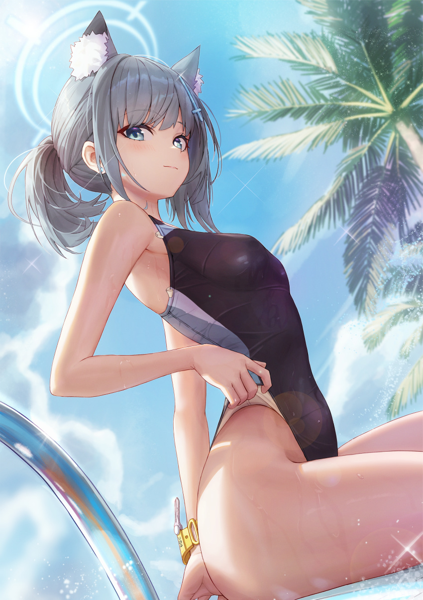 1girl absurdres adjusting_clothes animal_ear_fluff animal_ears arm_behind_back ass bare_arms black_one-piece_swimsuit blue_archive blue_eyes blue_sky blush breasts closed_mouth cloud competition_swimsuit covered_nipples cross_hair_ornament day earrings extra_ears from_below grey_hair hair_ornament halo hamstarhand highleg highleg_swimsuit highres jewelry looking_afar medium_breasts official_alternate_costume one-piece_swimsuit outdoors palm_tree shiroko_(blue_archive) shiroko_(swimsuit)_(blue_archive) short_hair sidelocks sky solo sparkle stud_earrings summer swimsuit swimsuit_tug thighs tree two-tone_swimsuit water wet