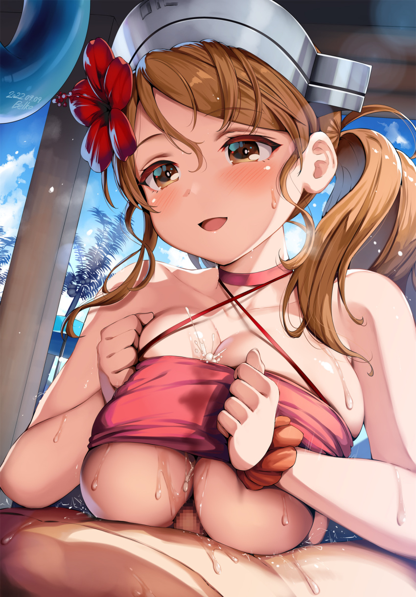1boy 1girl :d artist_name banned_artist belko bikini blue_sky blush breast_squeeze breasts brown_eyes brown_hair censored choker commentary_request cum cum_on_body cum_on_breasts dated day ejaculation flower hair_flower hair_ornament headgear heavy_breathing hetero hibiscus highres kantai_collection large_breasts littorio_(kancolle) long_hair mosaic_censoring motion_lines open_mouth paizuri paizuri_under_clothes red_bikini red_choker red_flower scrunchie side_ponytail signature sky smile strap_gap sweat swimsuit tree wrist_scrunchie