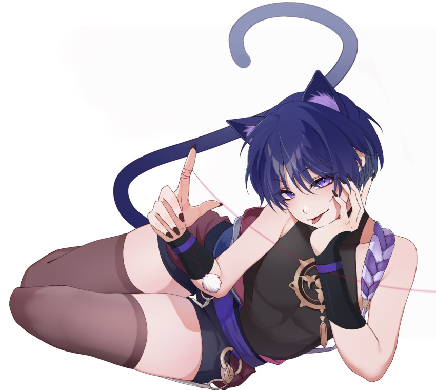 1boy androgynous animal_ear_fluff animal_ears bare_shoulders black_nails black_shirt blue_hair blue_tail blush brown_thighhighs cat_boy cat_ears cat_tail chobonu eyelashes genshin_impact hair_between_eyes hands_up highres looking_at_viewer male_focus multicolored_hair purple_eyes sash scaramouche_(genshin_impact) shadow shirt short_hair short_shorts shorts simple_background sleeveless sleeveless_shirt solo streaked_hair tail thighhighs thighs tongue tongue_out wanderer_(genshin_impact) white_background zettai_ryouiki