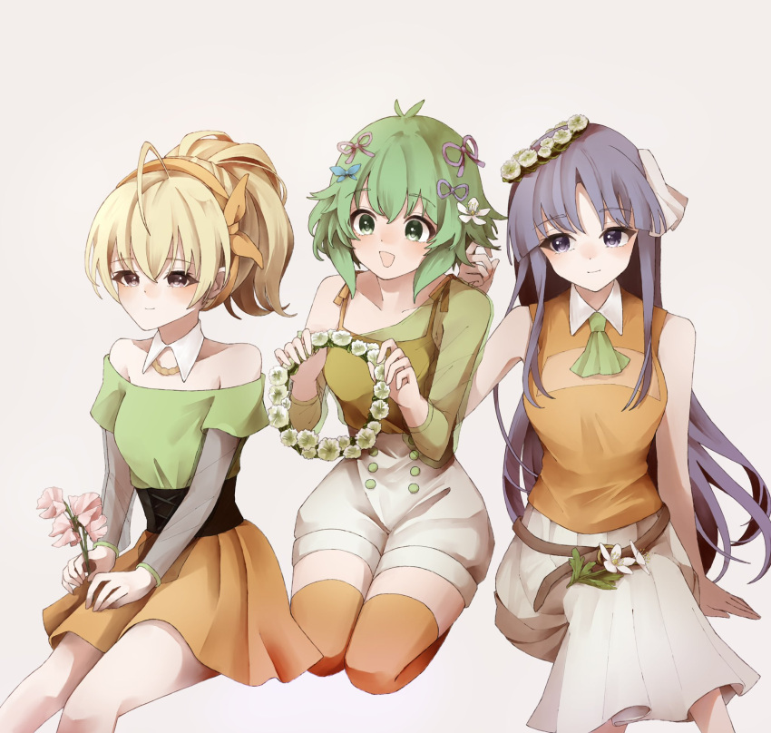 3girls :d ahoge amahara_nue andou_tazusa antenna_hair arm_at_side ascot assault_lily bare_shoulders belt blonde_hair blue_bow blush bow bow_hairband breasts brown_background brown_belt brown_eyes buttons camisole closed_mouth collarbone commentary cross-laced_clothes detached_collar feet_out_of_frame flower flower_wreath gradient_background green_ascot green_eyes green_hair green_shirt hair_between_eyes hair_bow hair_ribbon hairband hand_in_another's_hair hand_on_lap hand_up hands_up head_wreath high-waist_shorts high_ponytail highres holding holding_flower holding_wreath knees_up layered_sleeves long_hair long_sleeves looking_ahead looking_at_another looking_to_the_side medium_breasts miniskirt multiple_girls off-shoulder_shirt off_shoulder official_alternate_costume official_alternate_hairstyle orange_bow orange_camisole orange_shirt orange_skirt orange_thighhighs pink_flower pink_ribbon pleated_skirt ponytail purple_eyes purple_hair ribbon see-through see-through_shirt see-through_sleeves seiza shirai_yuyu shirt short_hair short_sleeves shorts sidelocks sideways_glance single_bare_shoulder sitting skirt sleeveless sleeveless_shirt smile symbol-only_commentary thighhighs underbust very_long_hair white_flower white_ribbon white_shorts white_skirt yoshimura_thi_mai