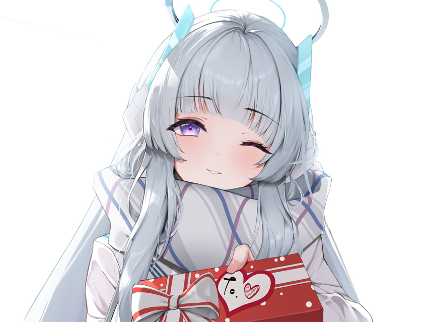 1girl arched_bangs blue_archive blush bow box cyken_(cyken0718) dot_nose gift gift_box gift_wrapping halo headgear holding holding_gift incoming_gift long_hair looking_at_viewer noa_(blue_archive) one_eye_closed parted_lips plaid plaid_scarf purple_eyes ribbon scarf simple_background solo upper_body white_background white_hair