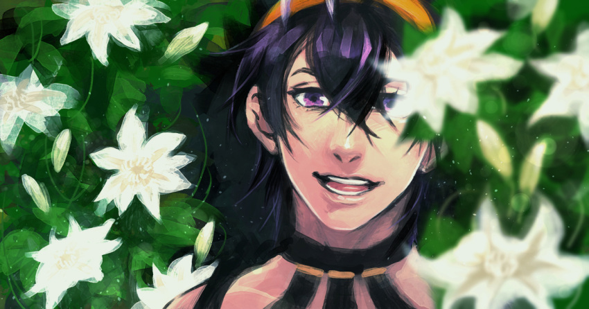 1boy chico0619 flower headband jojo_no_kimyou_na_bouken male_focus narancia_ghirga one_eye_covered open_mouth plant portrait purple_eyes purple_hair short_hair smile solo vento_aureo