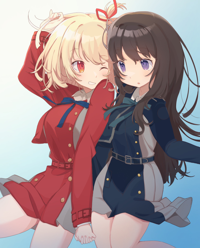 2girls :o absurdres belt black_hair blonde_hair blue_background blue_belt blue_dress blush bob_cut collared_shirt dress eye_contact gradient_background grey_dress grin hair_ribbon highres holding_hands inoue_takina interlocked_fingers long_hair long_sleeves looking_at_another lycoris_recoil lycoris_uniform multiple_girls nishikigi_chisato one_eye_closed one_side_up pleated_dress purple_eyes red_dress red_eyes red_ribbon ribbon shiramacu shirt short_hair smile twirling_hair two-tone_dress white_hair white_shirt yuri