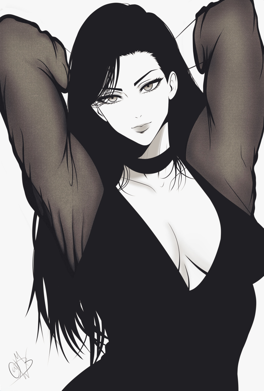 1girl absurdres arms_behind_head arms_up black_choker black_dress black_hair breasts choker cleavage dress highres large_breasts long_hair looking_at_viewer monochrome mostlybluewyatt muscular muscular_female original simple_background solo standing upper_body v-shaped_eyebrows white_background