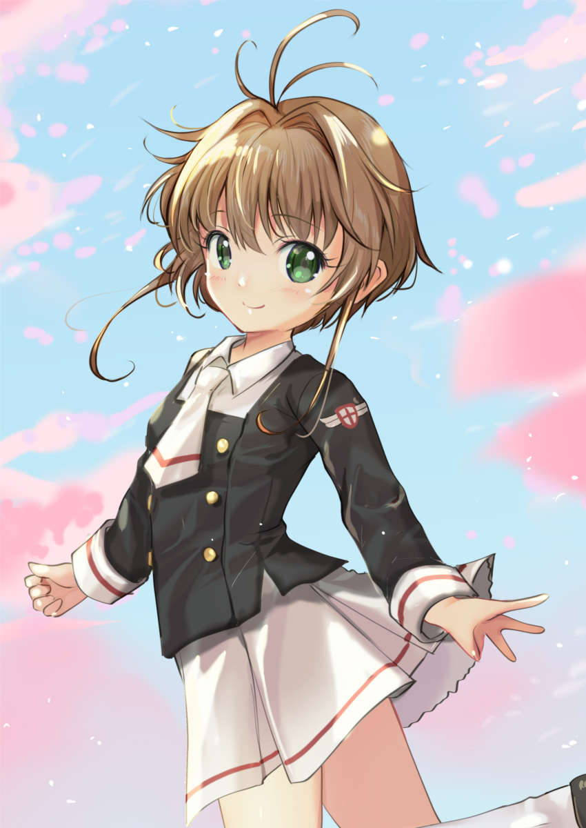 1girl absurdres antenna_hair badge black_shirt brown_hair cardcaptor_sakura green_eyes highres holding kinomoto_sakura neckerchief pleated_skirt sailor_collar school_uniform serafuku shirt short_hair skirt smile solo tomoeda_middle_school_uniform white_neckerchief white_sailor_collar white_skirt yashin_(yasinz)