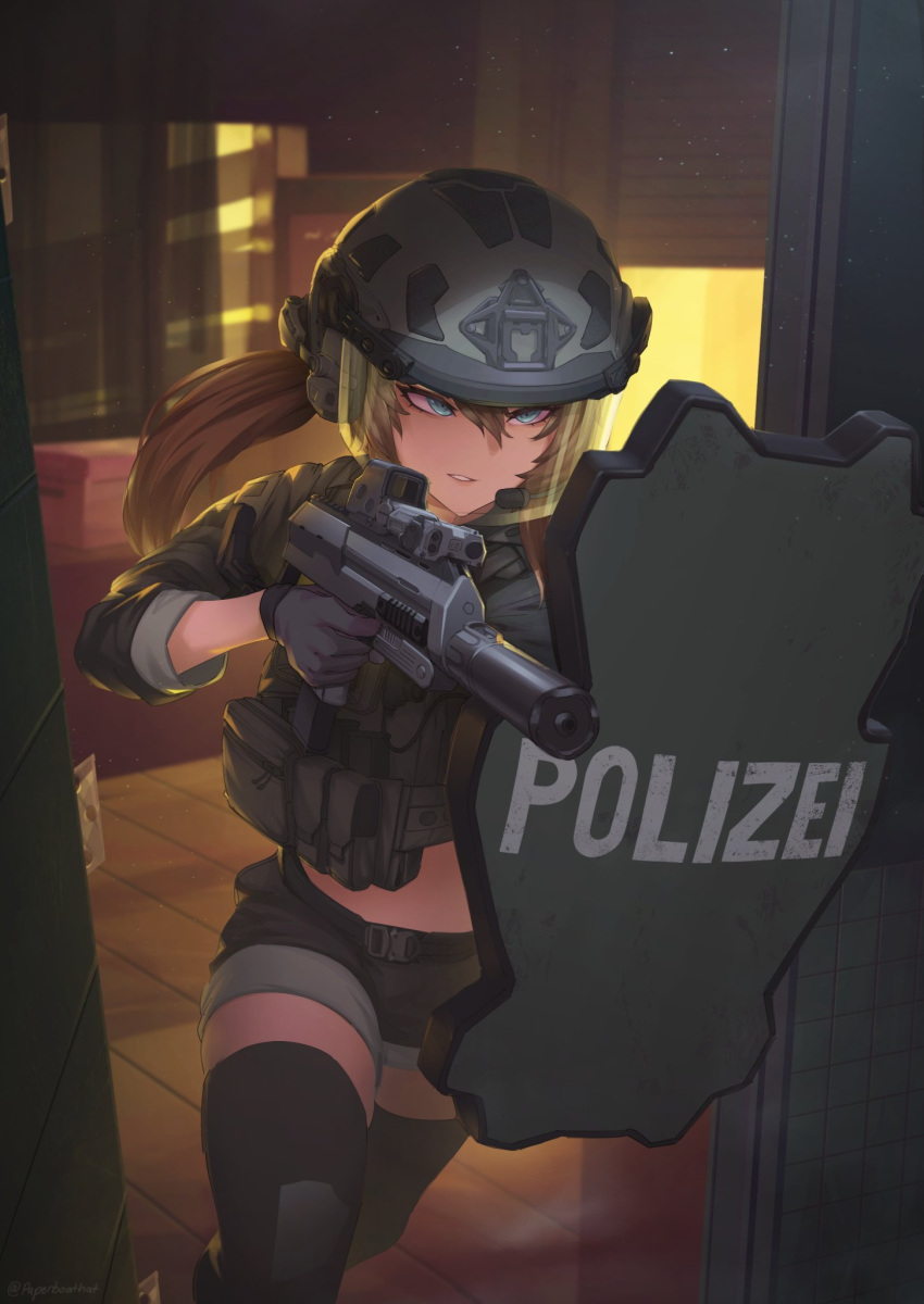 1girl black_gloves black_jacket black_shorts black_thighhighs blue_eyes brown_hair combat_helmet commission cropped_jacket ear_protection finger_on_trigger german_text gloves gun h&amp;k_mp7 hair_between_eyes helmet highres holding holding_shield indoors jacket looking_ahead microphone midriff optical_sight original paperboathat parted_lips ponytail shield short_shorts shorts sleeves_rolled_up solo submachine_gun suppressor termichan_(not-a-bot) thighhighs visor_(armor) weapon