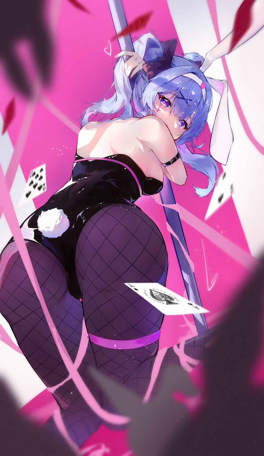 1girl absurdres animal_ears arm_strap ass back bare_shoulders bent_over black_bow black_leotard blue_eyes blue_hair blunt_bangs blurry blush bow breasts card center-flap_bangs commentary covered_mouth curvy depth_of_field eyelashes fake_animal_ears fake_tail feet_out_of_frame feng1180 fishnet_pantyhose fishnets floating_hair foreshortening from_behind hair_bow hair_intakes hair_ornament hairband hatsune_miku heart heart-shaped_pupils heart_hair_ornament highres holding holding_pole kneeling knees_together_feet_apart leotard looking_at_viewer looking_back medium_breasts nail_polish pantyhose pink_background pink_nails playboy_bunny pole pole_dancing rabbit_ears rabbit_hole_(vocaloid) rabbit_tail simple_background skindentation solo symbol-shaped_pupils tail thigh_gap thigh_strap thighs tsurime twintails two-tone_background vocaloid white_background white_hairband x_hair_ornament