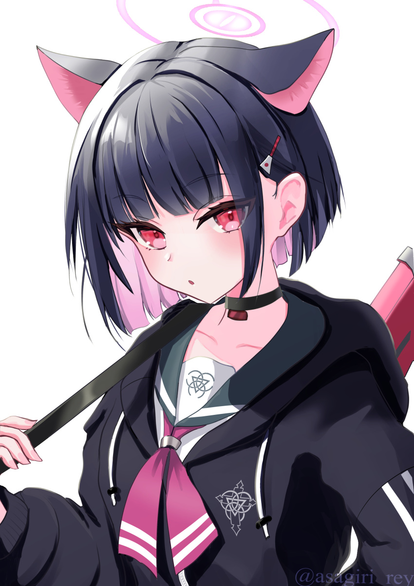 1girl absurdres animal_ears asagiri_rey black_hair black_jacket blue_archive cat_ears cat_girl choker collarbone extra_ears green_choker hair_ornament hairclip halo highres jacket kazusa_(blue_archive) long_sleeves looking_at_viewer pink_halo red_eyes school_uniform serafuku short_hair solo