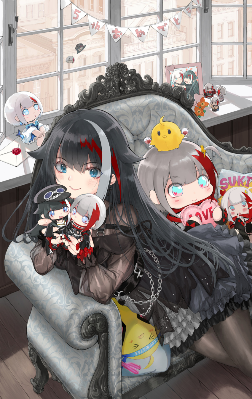 1girl admiral_graf_spee_(azur_lane) azur_lane bangs black_dress black_hair blue_eyes character_doll closed_mouth commentary_request couch deutschland_(azur_lane) deutschland_(demon_princess'_dark_hour_banquet)_(azur_lane) doll dress highres holding holding_doll indoors letter long_hair looking_at_viewer manjuu_(azur_lane) multicolored_hair official_alternate_costume pantyhose picture_(object) picture_frame red_hair sitting smile solo streaked_hair takeakigaku white_hair window wooden_floor