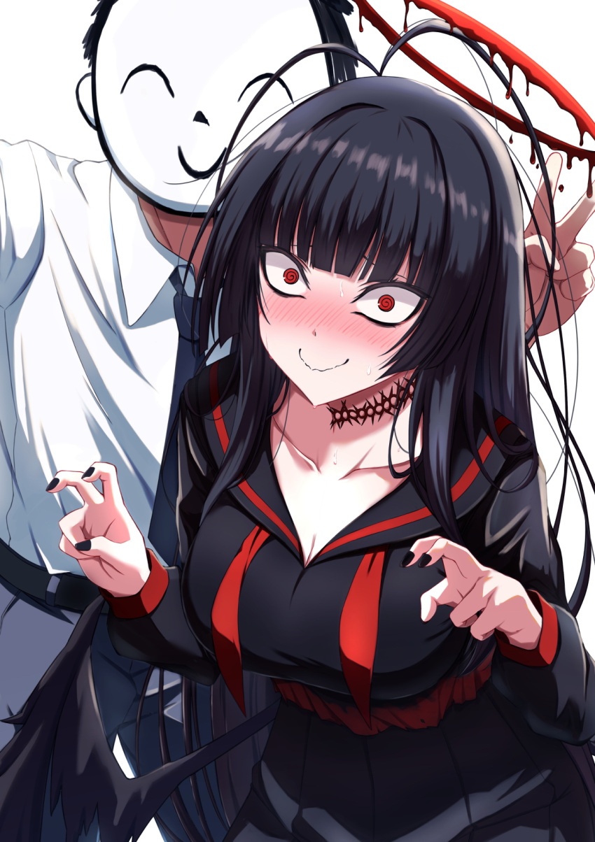 1boy 1girl antenna_hair black_choker black_hair black_nails black_serafuku black_shirt black_skirt blood_halo blue_archive blush breasts choker cleavage collared_shirt doodle_sensei_(blue_archive) halo highres large_breasts long_hair looking_at_viewer low_wings nail_polish neckerchief red_eyes red_halo red_neckerchief school_uniform sensei_(blue_archive) serafuku shirt skirt smile tsurugi_(blue_archive) u-ta v white_background white_shirt wings