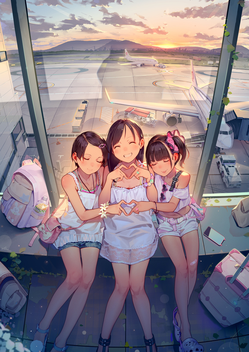 3girls absurdres airport backpack bag belt black_hair blue_shorts blunt_bangs cellphone closed_eyes collarbone crop_top dress english_commentary flower_bracelet grin hair_ornament hair_scrunchie hairclip heart heart-shaped_eyewear heart_hands highres indoors long_hair mixed-language_commentary miyako_(tiny_evil) muk_(monsieur) multiple_girls one_side_up original phone pink_bag pink_belt pink_scrunchie sana_(tiny_evil) scrunchie short_hair short_shorts shorts sidelocks smile sunglasses tiny_evil white_dress white_shorts window yurika_(tiny_evil)