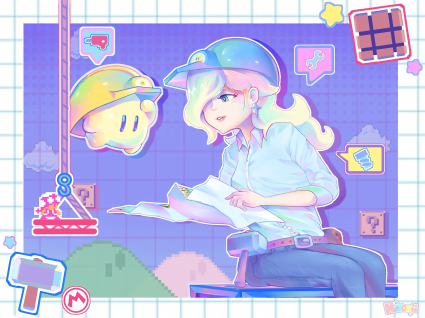 2girls ?_block blonde_hair blue_eyes blue_pants cloud collared_shirt earrings hair_over_one_eye hammer hard_hat helmet highres holding holding_paper jewelry long_hair looking_at_another luma_(mario) mario_(series) multiple_girls nat0rii pants paper rosalina shirt sitting sprite star_(symbol) star_earrings super_mario_maker_2 toadette