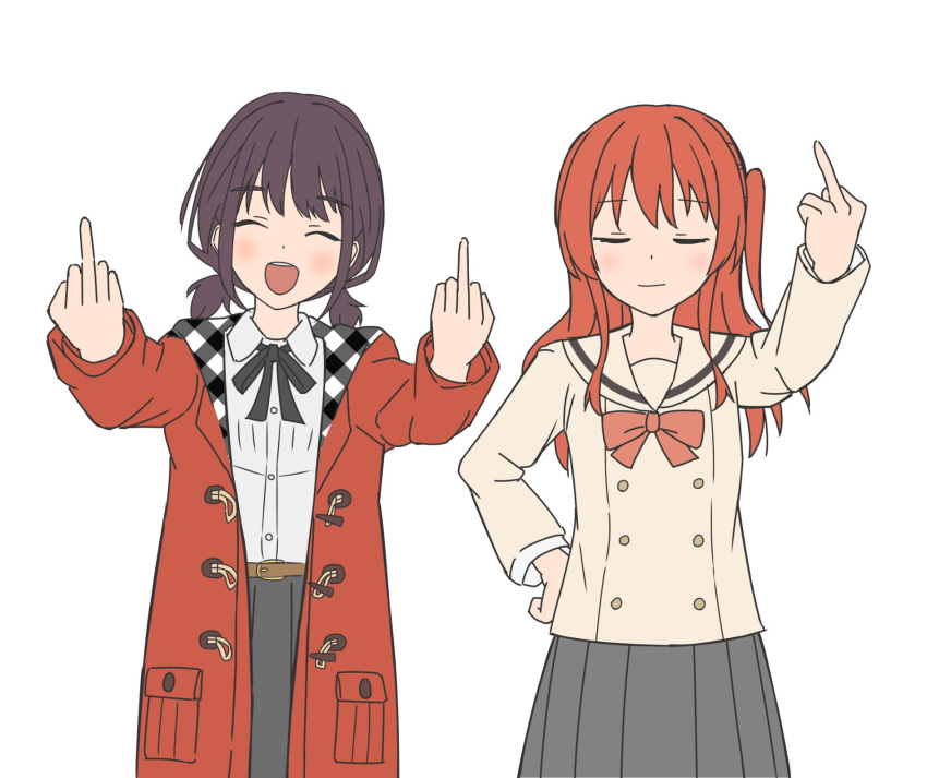 2girls ^_^ belt belt_buckle black_ribbon blush bocchi_the_rock! bow bowtie brown_belt brown_hair brown_sailor_collar brown_sweater buckle closed_eyes closed_mouth coat collared_shirt commentary double_middle_finger dress_shirt girls_band_cry grey_skirt hand_on_own_hip hand_up highres iseri_nina kita_ikuyo long_hair long_sleeves low_twintails middle_finger multiple_girls neck_ribbon one_side_up open_clothes open_coat open_mouth pleated_skirt red_bow red_bowtie red_coat red_hair ribbon sailor_collar school_uniform serafuku shirt shirt_tucked_in short_hair short_twintails shuka_high_school_uniform simple_background skirt sweater symbol-only_commentary teeth tsubausa_(ryoyukan18_1) twintails upper_teeth_only white_background white_shirt