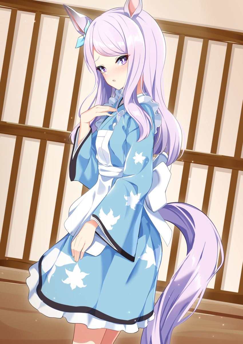 1girl absurdres alternate_costume animal_ears apron blush breasts commentary_request from_side hair_ornament highres horse_ears horse_girl horse_tail looking_at_viewer maid mejiro_mcqueen_(umamusume) purple_eyes purple_hair small_breasts solo sunny_(20597521) tail umamusume wa_maid