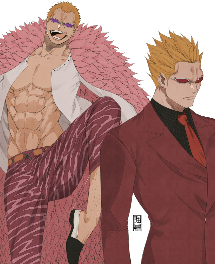 1boy abs absurdres artist_logo bake_ryori black_shirt blonde_hair capri_pants closed_mouth coat commentary donquixote_doflamingo earrings feather_coat highres jewelry leg_hair leg_up muscular muscular_male navel necktie one_piece open_mouth pants pink_coat red_necktie red_suit shirt short_hair spiked_hair suit sunglasses symbol-only_commentary teeth tongue tongue_out variations white_background