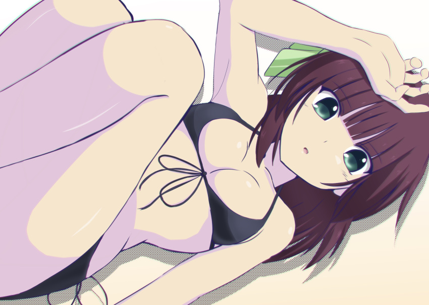 1girl absurdres angel_beats! arm_at_side arm_up bare_arms bare_shoulders bikini black_bikini blunt_bangs bow breasts cleavage collarbone commentary_request curvy dutch_angle eyes_visible_through_hair feet_out_of_frame front-tie_bikini_top front-tie_top green_bow green_eyes hair_bow halterneck hand_on_own_head highres legs_together legs_up lelie_(lelie_link) looking_at_viewer lying medium_breasts medium_hair nakamura_yuri on_back open_mouth purple_hair shiny_skin simple_background solo straight_hair swimsuit thighs white_background