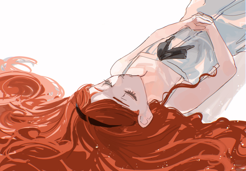 1girl black_hairband choroi_amachori closed_eyes dress eyelashes flat_chest frill_(wonder_egg_priority) hairband highres long_hair lying on_back own_hands_together red_hair sketch solo very_long_hair white_dress wonder_egg_priority