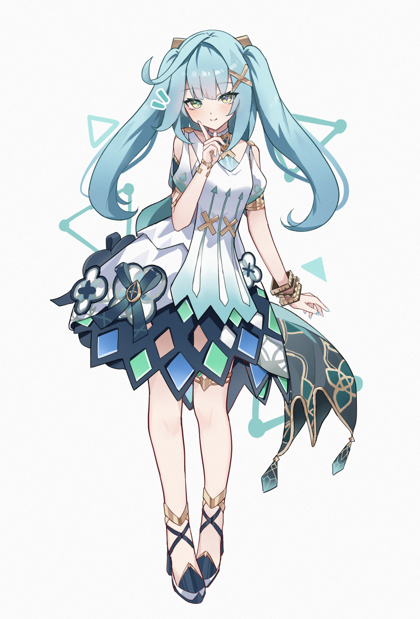 &gt;:) 1girl absurdres aftamc aqua_eyes aqua_hair aqua_nails armpit_cutout bare_legs blunt_bangs blush bracelet closed_mouth clothing_cutout commentary_request dress faruzan_(genshin_impact) full_body genshin_impact hair_between_eyes hair_ornament head_tilt high_heels highres index_finger_raised jewelry long_hair looking_at_viewer nail_polish parted_bangs puffy_short_sleeves puffy_sleeves short_sleeves sidelocks simple_background solo standing thighlet twintails v-shaped_eyebrows white_background white_dress x_hair_ornament