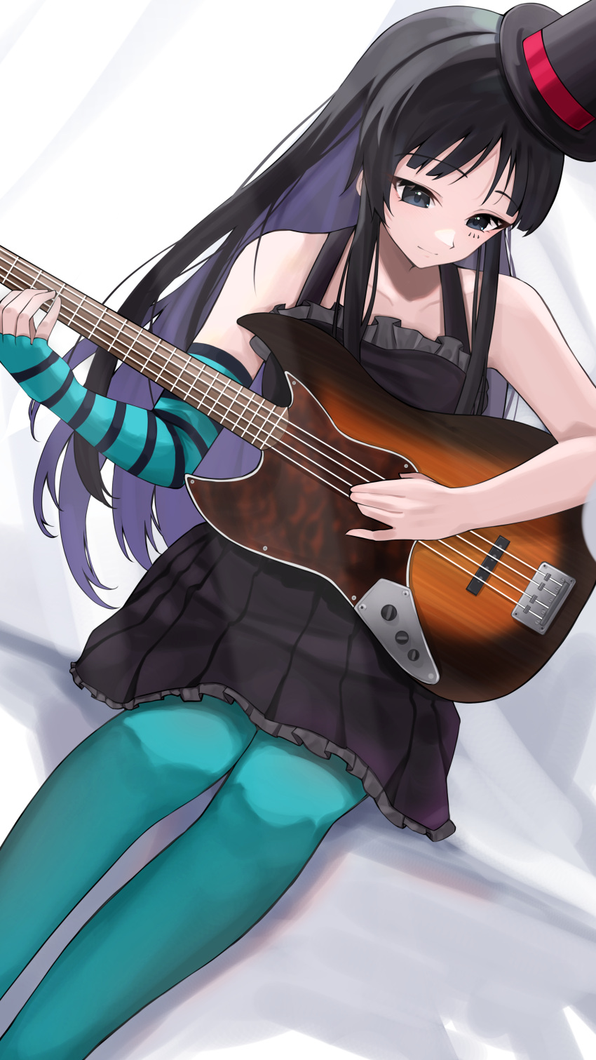 1girl absurdres akiyama_mio aqua_gloves aqua_pantyhose bare_shoulders bass_guitar black_dress black_eyes black_hair black_hat closed_mouth colored_inner_hair don't_say_"lazy" dress elbow_gloves feet_out_of_frame fingerless_gloves frilled_dress frills gloves hat highres instrument k-on! long_hair looking_at_object looking_down multicolored_hair music pantyhose playing_instrument pleated_dress purple_hair single_glove sitting smile solo top_hat white_background yaki_tai