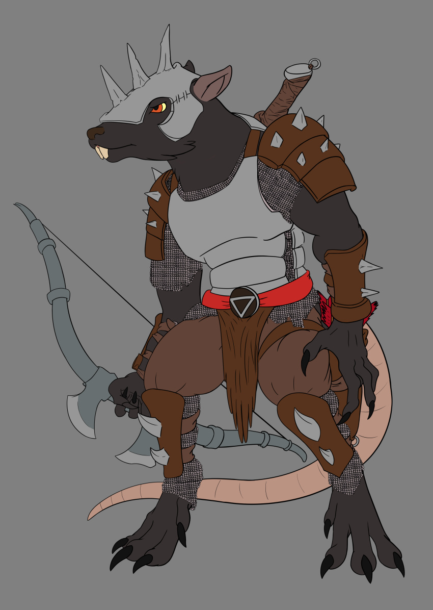 2020 absurd_res anthro armor black_body black_fur bow_(disambiguation) chainmail claws clothed clothing digital_drawing_(artwork) digital_media_(artwork) digitigrade full-length_portrait fully_clothed fur hairless_tail headgear helmet hi_res looking_away male mammal melee_weapon murid murine portrait rat rat_tail rodent simple_background solo spiritalpha standing sword teeth uriel weapon wotan888