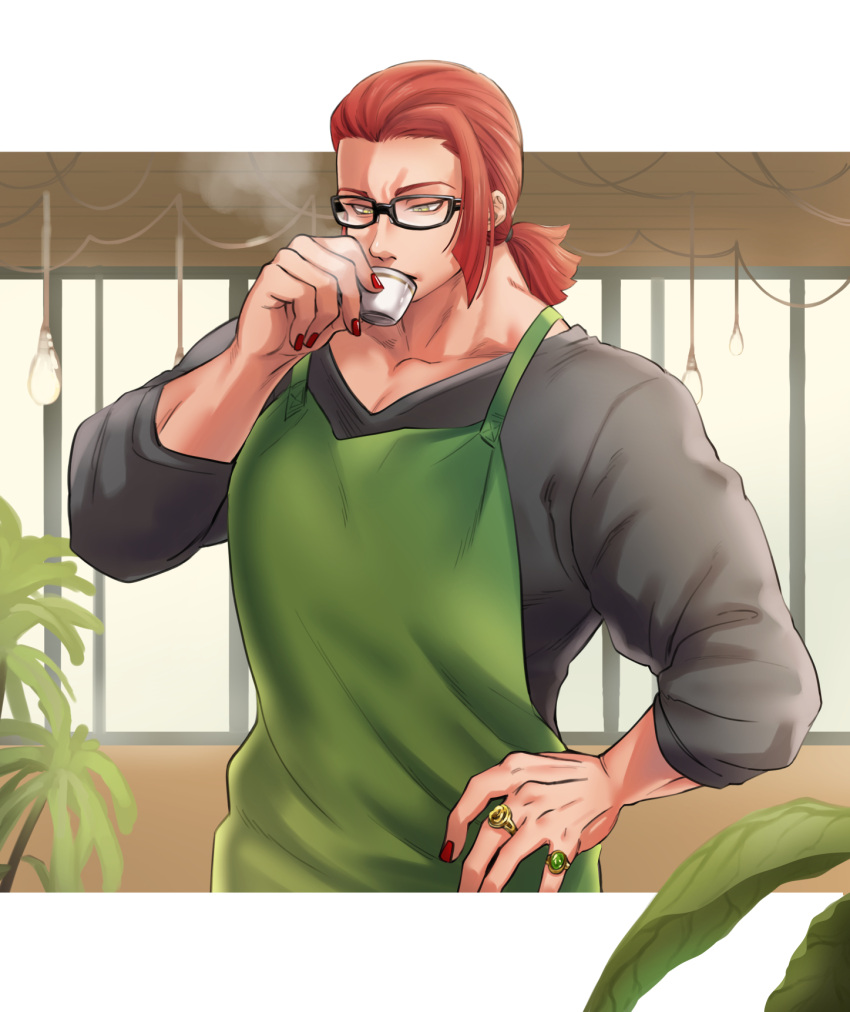 1girl alternate_hairstyle barista bespectacled black-framed_eyewear casual coffee collarbone drinking espresso_(drink) fingernails glasses green_eyes hand_on_own_hip highres jewelry low_ponytail marisa_(street_fighter) medium_hair multiple_rings muscular muscular_female nail_polish nose red_hair red_nails ring shirokuro_ookami short_ponytail solo street_fighter street_fighter_6