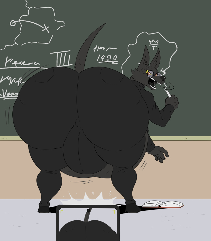 angry anthro anubian_jackal belly bent_over big_belly big_butt black_body bottomwear bulge butt camera_flash canid canine canis chalk chalkboard classroom clothed clothing cross-popping_vein digital_media_(artwork) ebony_(awoogasm) electronics eyewear glasses hi_res jackal looking_at_viewer looking_back male mammal open_mouth phone professor reagan700 rear_view round_glasses school solo tail taking_picture turning_around yellow_eyes