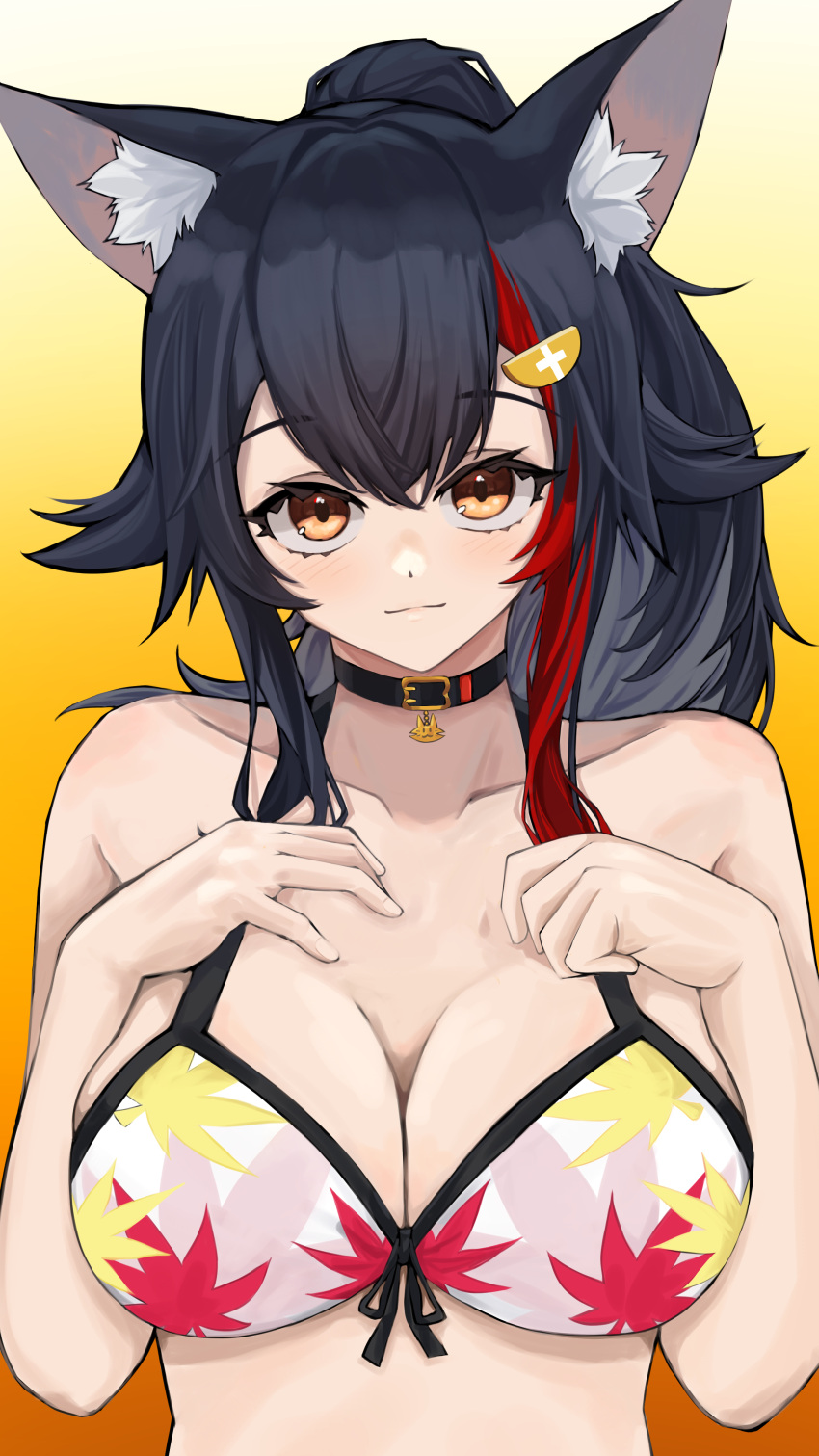 1girl absurdres animal_ear_fluff animal_ears bikini black_choker black_hair breasts brown_eyes choker cleavage closed_mouth collarbone cross gradient_background greek_cross grey_bikini hair_ornament hands_on_own_chest hands_up highres hololive large_breasts light_blush light_smile long_hair looking_at_viewer multicolored_hair ookami_mio orange_background red_hair solo streaked_hair swimsuit upper_body virtual_youtuber wolf_ears wolf_girl yaki_tai yellow_background