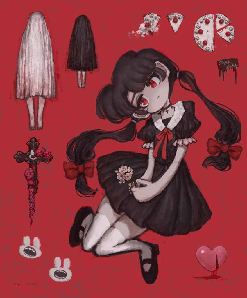 1girl 2others ambiguous_gender birthday_cake black_footwear black_hair blood bow broken_heart cake cake_slice collared_dress commentary_request creature cross dress food frilled_sleeves frills full_body gestart333 ghost_costume goth_fashion gothic_lolita hair_bow head_tilt heart highres horror_(theme) light_frown loafers lolita_fashion long_hair low_twintails multiple_others neck_ribbon no_nose original pixiv_username pleated_dress red_background red_bow red_ribbon ribbon shoes short_sleeves thighhighs twintails white_thighhighs zettai_ryouiki