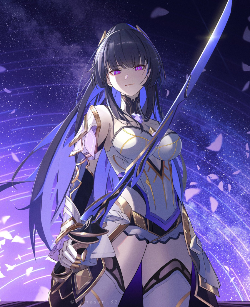 1girl armor armored_boots armored_dress armored_gloves bare_shoulders black_hair blue_pupils blush boots breasts chest_jewel collar colored_inner_hair cowboy_shot diffraction_spikes dot_nose galaxy hair_ornament highres holding holding_sword holding_weapon honkai_(series) honkai_impact_3rd katana kuma_(kumasan_82) light_particles light_rays light_smile long_hair long_sword looking_at_viewer milky_way multicolored_hair purple_eyes purple_theme raiden_mei raiden_mei_(herrscher_of_origin) sidelocks sky solo space star_(sky) star_trail starry_background starry_sky sword twitter_username two-tone_hair upper_body very_long_hair weapon white_hair