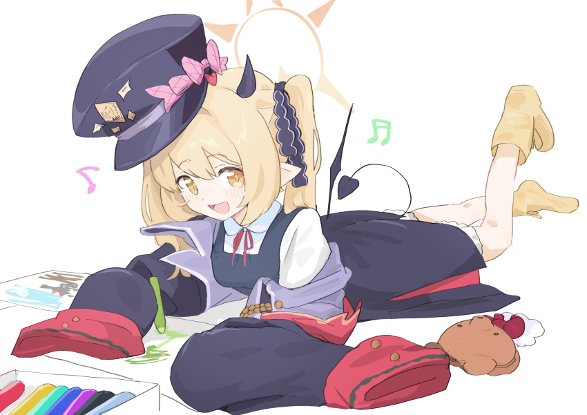 1girl absurdres black_hat black_horns black_jacket black_tail blonde_hair blue_archive boots drawing_(action) foot_up halo hat highres horns ibuki_(blue_archive) jacket long_hair looking_at_viewer lying musical_note neck_ribbon on_stomach open_mouth p2p2hifumi paper peaked_cap pointy_ears red_ribbon ribbon side_ponytail simple_background smile solo white_background yellow_eyes yellow_footwear yellow_halo