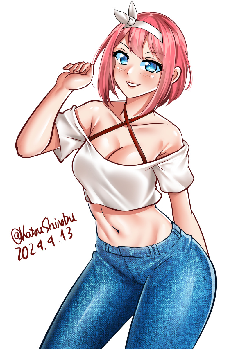 absurdres alternate_costume ark_royal_(kancolle) blue_eyes blue_pants bob_cut breasts cleavage criss-cross_halter crop_top dated denim halterneck highres inverted_bob jeans kantai_collection katou_shinobu lips medium_breasts navel one-hour_drawing_challenge pants parted_lips red_hair shirt short_hair simple_background smile twitter_username white_background white_shirt