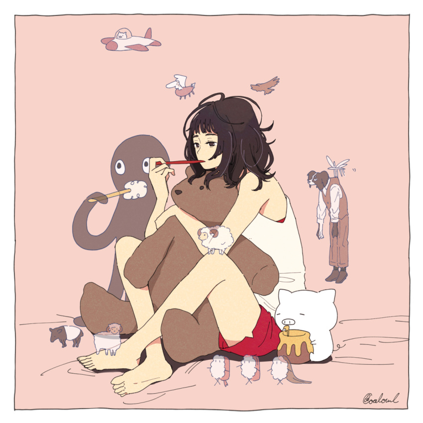 1girl aircraft airplane bare_arms bare_legs barefoot black_eyes black_hair border brown_background brushing_teeth camisole coalowl commentary_request cow dog feet food holding holding_stuffed_toy large_teddy_bear medium_hair messy_hair octopus original personification pig red_shorts sheep shorts signature sitting soles solo stuffed_animal stuffed_toy sushi teddy_bear toes white_border white_camisole wings