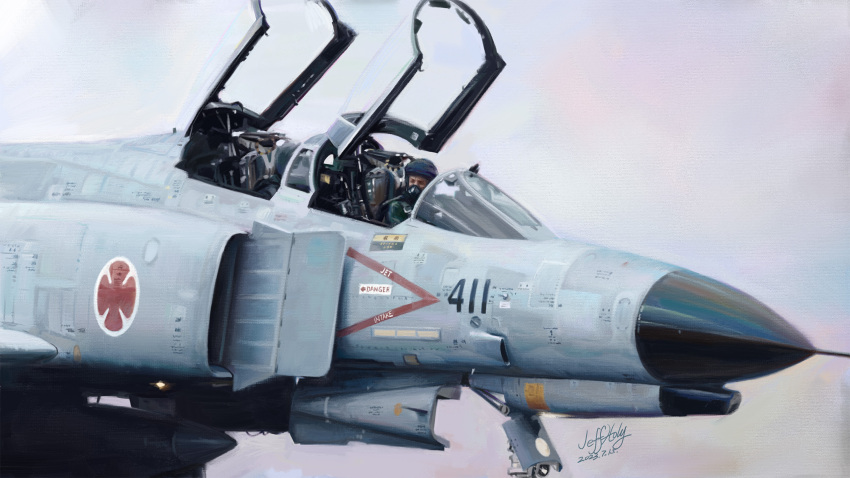 1boy aircraft airplane dated drop_tank english_text f-4_phantom_ii fighter_jet gas_mask helmet highres jeffholy jet mask military_vehicle open_cockpit pilot signature vehicle_focus