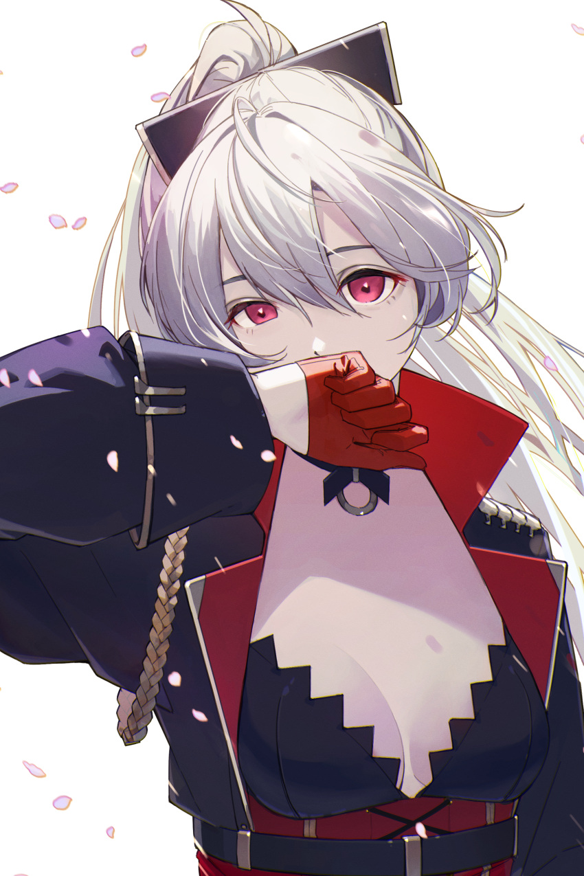 1girl absurdres aiguillette azur_lane black_jacket breasts choker corset covering_own_mouth cross-laced_clothes gloves half_gloves hand_up hatski.sin high_ponytail highres jacket jean_bart_(azur_lane) long_hair looking_at_viewer o-ring o-ring_choker petals red_corset small_breasts solo upper_body white_background