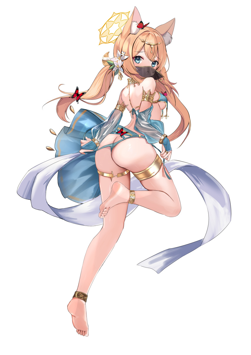 1girl absurdres alternate_costume alternate_hairstyle animal_ears anklet arched_back armlet ass bare_shoulders barefoot blonde_hair blue_archive blue_eyes blue_panties blue_skirt breast_curtains breasts cat_ears circlet collar commentary dancer detached_collar detached_sleeves feet flower from_behind full_body gold_trim hair_flower hair_ornament halo highres jewelry leg_up legs long_hair long_sleeves looking_at_viewer looking_back mari_(blue_archive) medium_breasts mouth_veil panties panty_pull revision rinringyo sash see-through see-through_sleeves showgirl_skirt skirt soles solo thighlet thighs toenails toes transparent_background twintails underwear veil