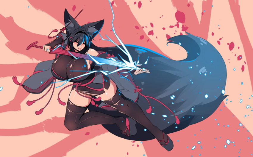 1girl animal_ear_fluff animal_ears bare_shoulders black_hair black_kimono breasts cherry_blossoms ear_piercing flower_knot fox_ears fox_girl fox_tail full_body gloves hair_between_eyes hair_ornament hairclip highres holding holding_sword holding_weapon huge_breasts japanese_clothes kimono kiri_(sub-res) large_tail lightning long_hair okobo open_mouth original piercing platform_footwear sandals sideboob solo sub-res sword tabi tail tassel thighhighs weapon wide_sleeves zettai_ryouiki