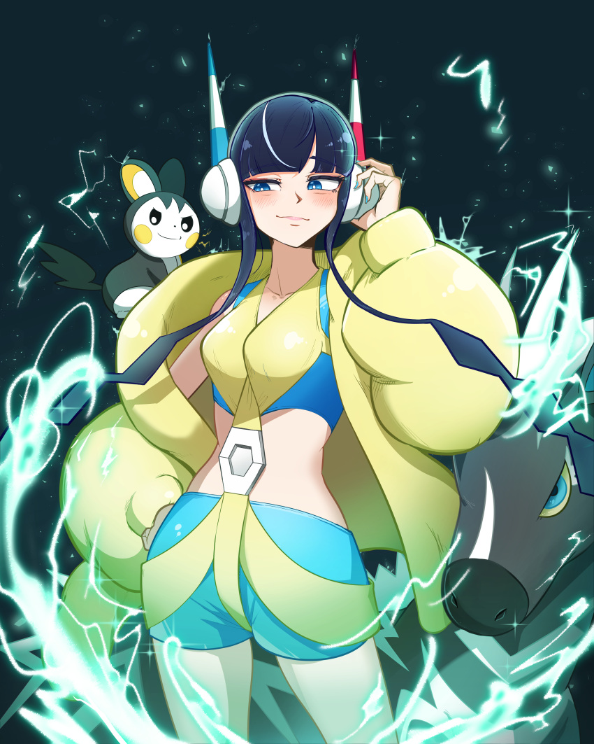 1girl absurdres black_hair blue_eyes colored_sclera cowboy_shot electricity elesa_(pokemon) emolga hand_on_own_hip headphones highres midriff miine_1029 pokemon pokemon_(creature) pokemon_bw2 short_hair_with_long_locks sparkle yellow_sclera zebstrika