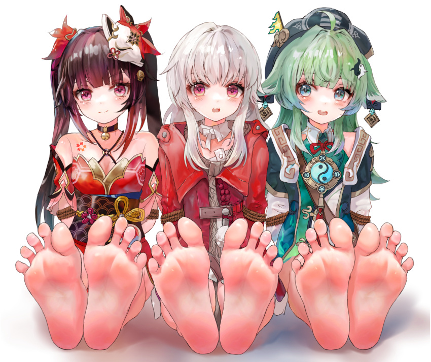 3girls arms_behind_back barefoot bell black_hair blue_eyes blush bound bound_arms breasts buxue_luo_li_tang chest_tattoo clara_(honkai:_star_rail) closed_mouth coat dress feet flat_chest foot_focus fox_mask full_body green_hair green_hat highres honkai:_star_rail honkai_(series) huohuo_(honkai:_star_rail) jingle_bell long_bangs long_hair mask multiple_girls obi pink_eyes presenting_foot red_coat red_dress red_eyes sash simple_background sitting small_breasts smile soles sparkle_(honkai:_star_rail) sweater tattoo teeth toes twintails upper_teeth_only white_background white_hair white_sweater