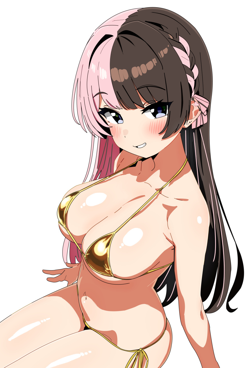 1girl absurdres bikini blue_eyes blush braid breasts brown_hair cleavage collarbone dot_nose ear_piercing earrings french_braid from_side gold_bikini grin hair_ribbon highres iwano_kenta jewelry large_breasts long_hair looking_at_viewer micro_bikini multicolored_hair navel piercing pink_hair ribbon shiny_skin simple_background skindentation smile solo split-color_hair stomach string_bikini swimsuit tachibana_hinano_(vtuber) two-tone_hair virtual_youtuber vspo! white_background