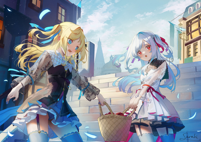 2girls :o bangs basket black_dress black_thighhighs blonde_hair blue_bow blue_eyes blue_skirt blue_sky bow building cloud commentary_request day dress garter_straps grey_hair grey_skirt hair_bow highres holding holding_basket long_hair multiple_girls open_mouth original outdoors parted_bangs pleated_dress pleated_skirt red_bow red_eyes saraki see-through see-through_sleeves siblings signature skirt sky stairs stone_stairs thighhighs tower twins two_side_up very_long_hair white_dress window