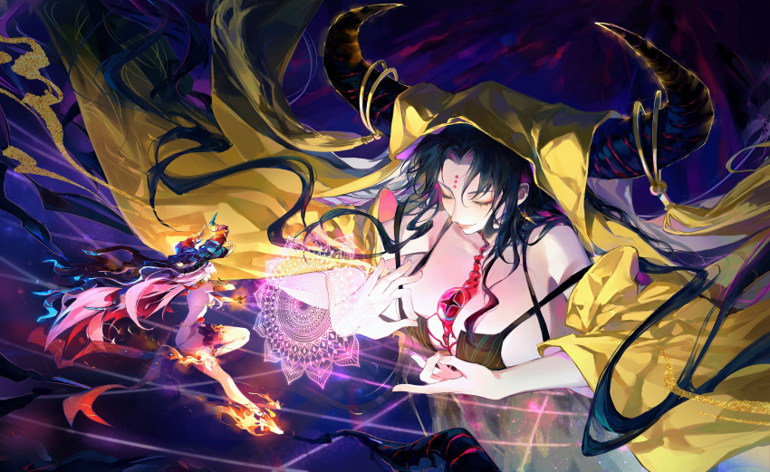 2girls absurdres bare_shoulders between_breasts black_hair black_horns breasts center_opening cleavage closed_eyes clothing_cutout collarbone cross-shaped_pupils dark_background de678997 demon demon_girl demon_horns demon_pillar_(fate) detached_sleeves dress drop_earrings earrings extra_eyes eyeball eyeshadow facial_mark fate/grand_order fate_(series) fingernails forehead_mark forehead_tattoo full_body gold_earrings gold_tassel hair_spread_out highres horn_ornament horn_ring horns huge_horns jewelry kama_(beast_iii/l)_(fate) kama_(fate) large_breasts long_hair long_horns long_sleeves looking_at_another makeup mudra multicolored_horns multiple_girls open_clothes open_dress parted_bangs pink_lips pink_sleeves red_eyes red_eyeshadow revealing_clothes sessyoin_kiara sessyoin_kiara_(beast_iii/r) sideboob sidelocks smile spaghetti_strap spiral_horn symbol-shaped_pupils tassel tentacles third_eye two-tone_dress two-tone_horns two-tone_sleeves underboob upper_body veil veins very_long_hair vitarka_mudra wavy_hair wide_sleeves yellow_dress yellow_sleeves yellow_veil