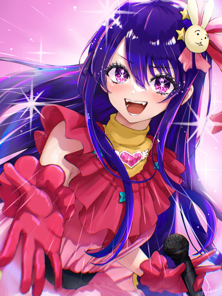 1girl :d bare_shoulders blush commentary_request emphasis_lines eyelashes eyes_visible_through_hair fangs floating_hair glint gloves hair_between_eyes hair_ornament hair_ribbon heart-shaped_ornament highres holding holding_microphone hoshino_ai_(oshi_no_ko) hylran0427 idol idol_clothes long_hair looking_at_viewer microphone open_mouth oshi_no_ko outstretched_hand pink_background pink_gloves pink_ribbon pink_shirt purple_eyes purple_hair rabbit_hair_ornament reaching reaching_towards_viewer ribbon shirt sidelocks simple_background smile solo sparkle star-shaped_pupils star_(symbol) star_hair_ornament straight_hair symbol-shaped_pupils teeth tsurime upper_body v v-shaped_eyebrows very_long_hair