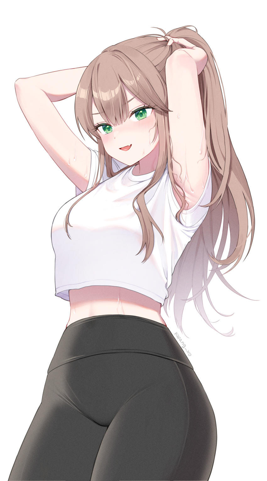 1girl absurdres armpits arms_up black_pants breasts brown_hair fang green_eyes highres kwang_xo large_breasts long_hair looking_at_viewer open_mouth original pants shirt short_sleeves sidelocks simple_background skin_fang smile solo standing stretching white_background white_shirt yoga_pants