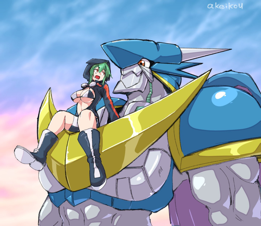 1girl akeikou artist_name bike_shorts bikini bikini_top_only black_bikini black_jacket boots breasts brown_eyes cleavage commentary_request covered_nipples digimon digimon_(creature) digimon_world_re:digitize dragon full_body goggles goggles_around_neck green_hair hair_between_eyes highres hood hood_up hooded_jacket hoodie jacket large_breasts long_sleeves looking_at_another open_clothes open_jacket open_mouth orange_eyes outdoors partially_unzipped red_eyes revealing_clothes shinomiya_rina short_hair short_hair_with_long_locks sidelocks sitting smile standing swimsuit two-tone_bikini ulforcev-dramon underboob white_bikini