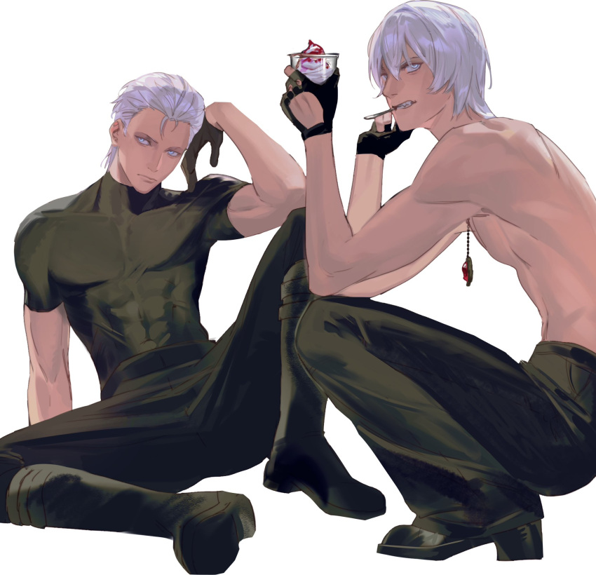 2boys bare_shoulders black_pants black_shirt blue_eyes breasts cleavage closed_mouth dante_(devil_may_cry) devil_may_cry_(series) devil_may_cry_3 fingerless_gloves food full_body gloves hair_between_eyes hair_slicked_back highres ice_cream jewelry looking_at_viewer male_focus multiple_boys necklace pants shirt shoes short_sleeves siblings simple_background sitting spoon sundae topless_male twins upper_body vergil_(devil_may_cry) white_background white_hair ykim01989882